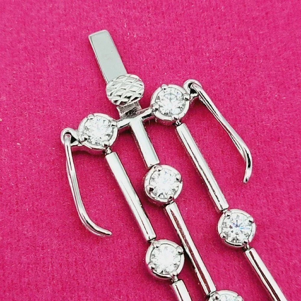 SW925CZ Sterling Silver Triple Strand Bracelet Cubic Zirconia Dbl Safety Clasp